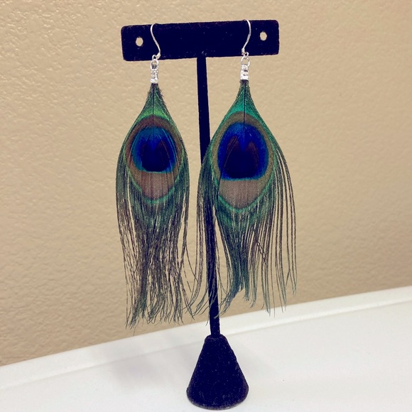 Peacock Feather Earrings - Picture 1 of 6